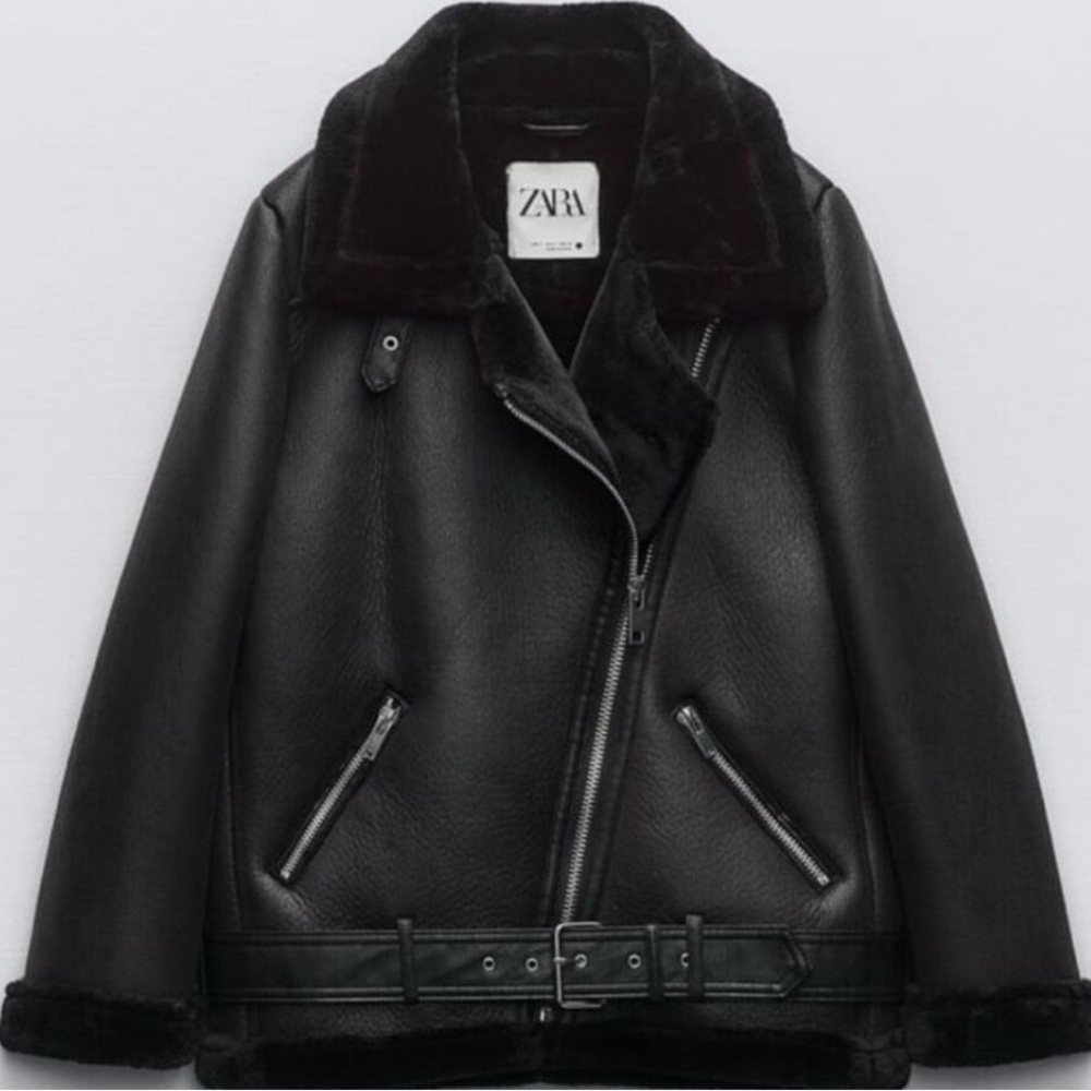 Zara Black Faux Leather Double Faced Biker Jacket with Plush Shearling Fur Trim - Picture 10 of 12